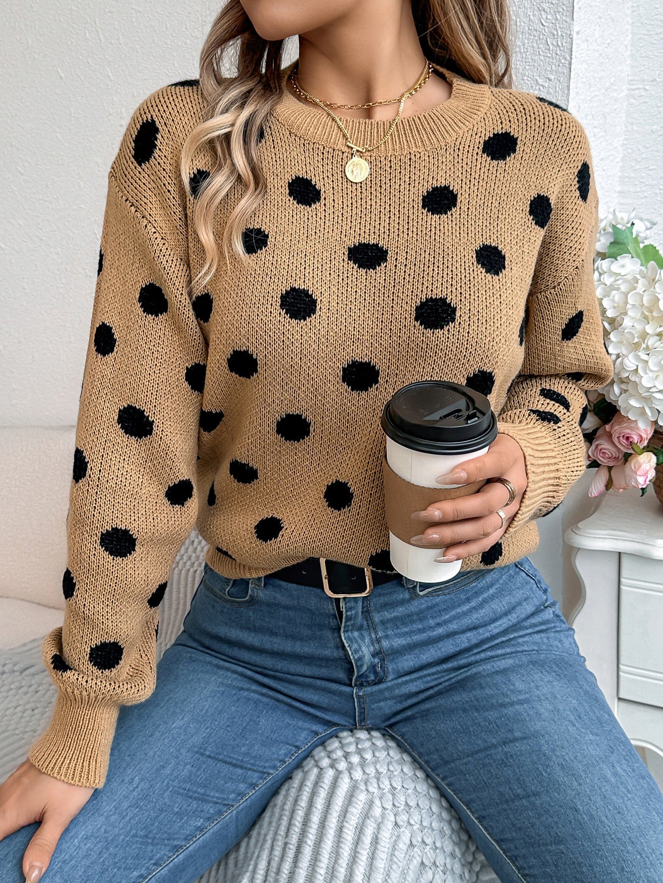 Polka Dot Knit Sweater Long Sleeve Casual Pullover