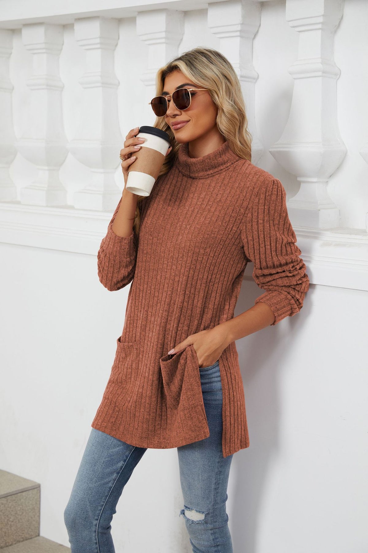 Women's Ribbed Mock Neck Long Sleeve Tunic with Pockets
