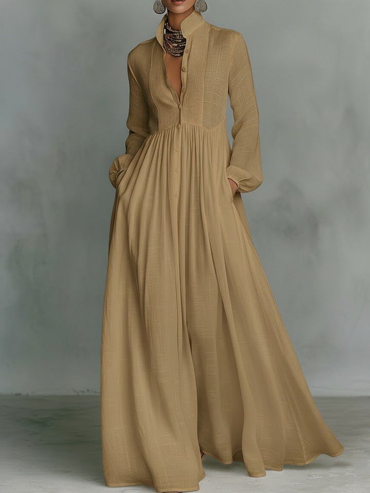White Long Sleeve Pleated Maxi Dress Flowy