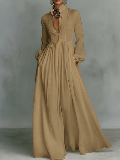 White Long Sleeve Pleated Maxi Dress Flowy