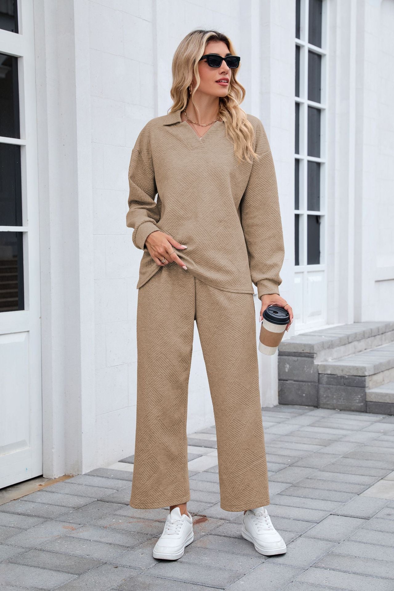 Women's Lounge Set Long Sleeve Collar Top Wide Leg Pants