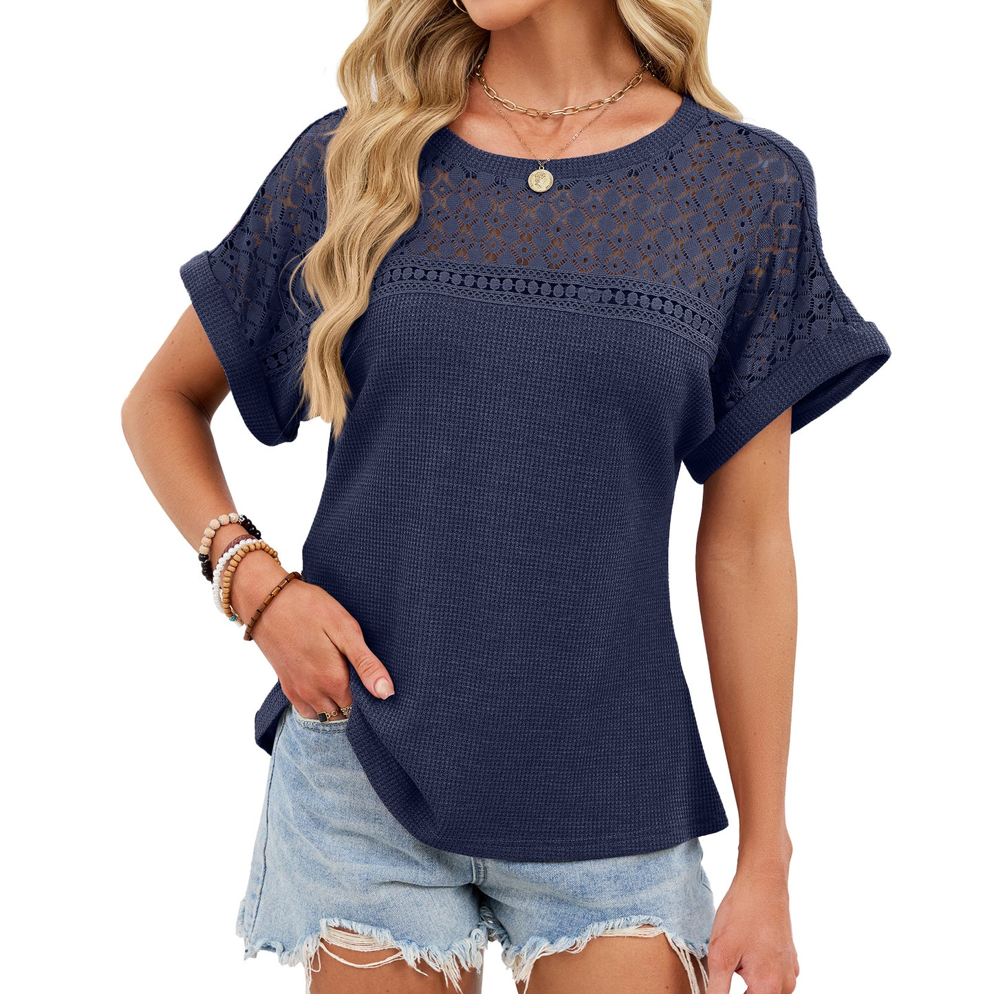 Crochet Lace Yoke Short Sleeve Waffle Knit Casual Top