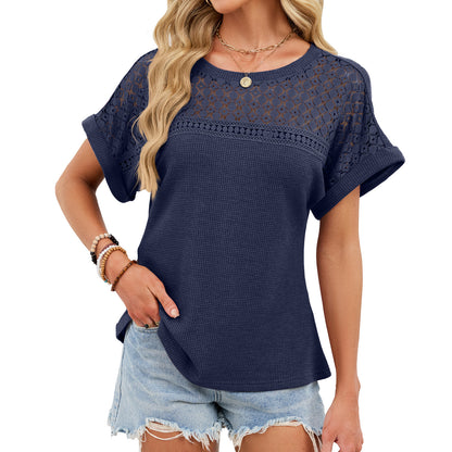 Crochet Lace Yoke Short Sleeve Waffle Knit Casual Top