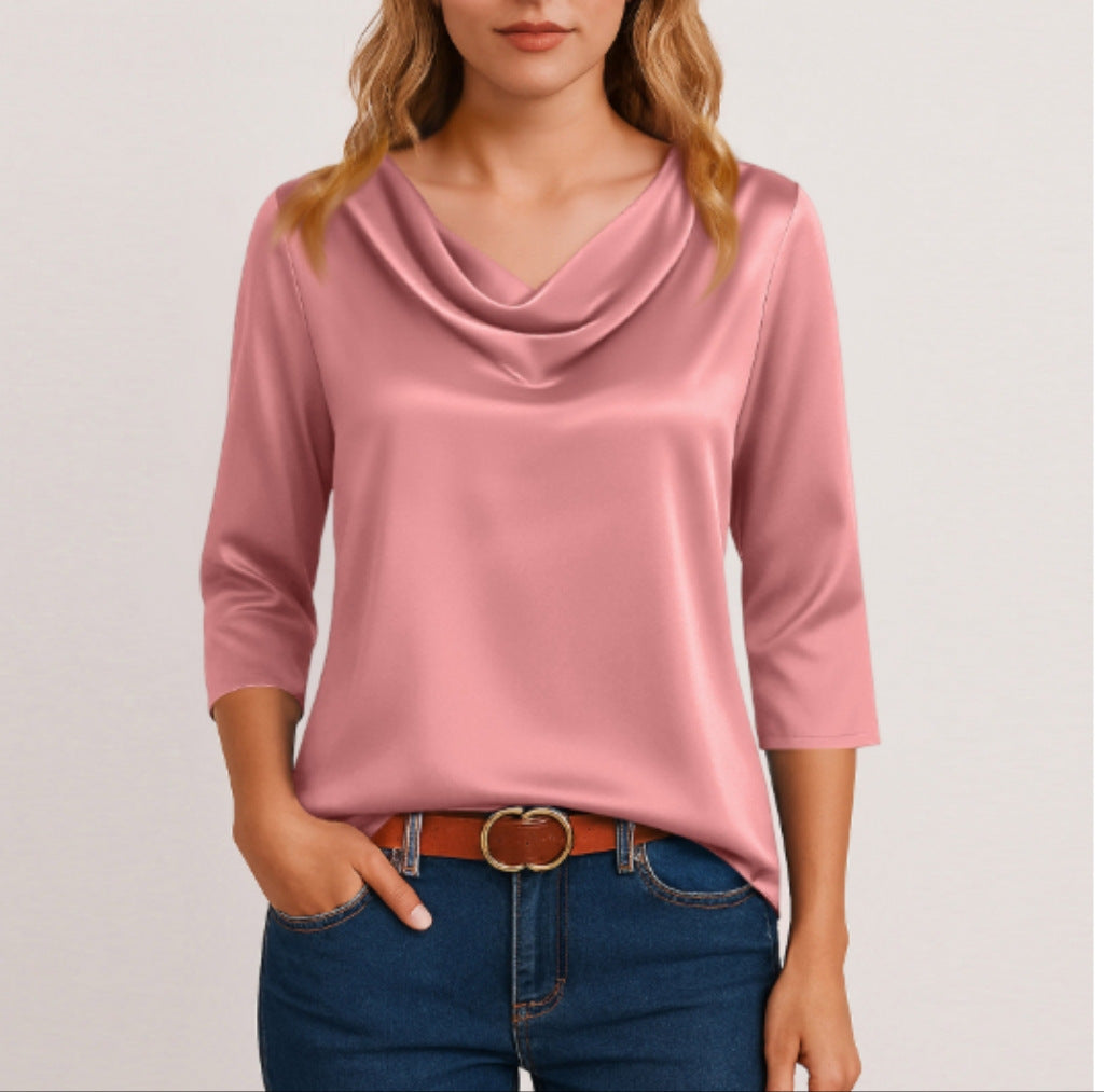 Women's Satin Cowl Neck Blouse 3/4 Sleeve Top