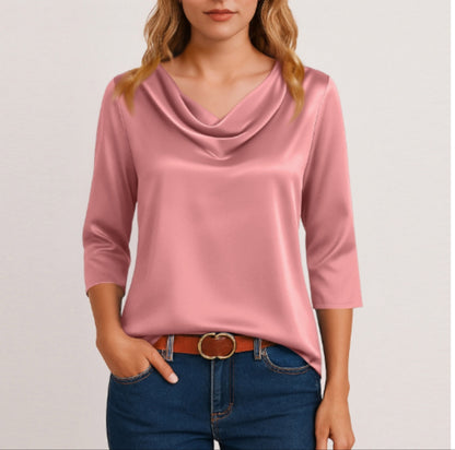 Women's Satin Cowl Neck Blouse 3/4 Sleeve Top