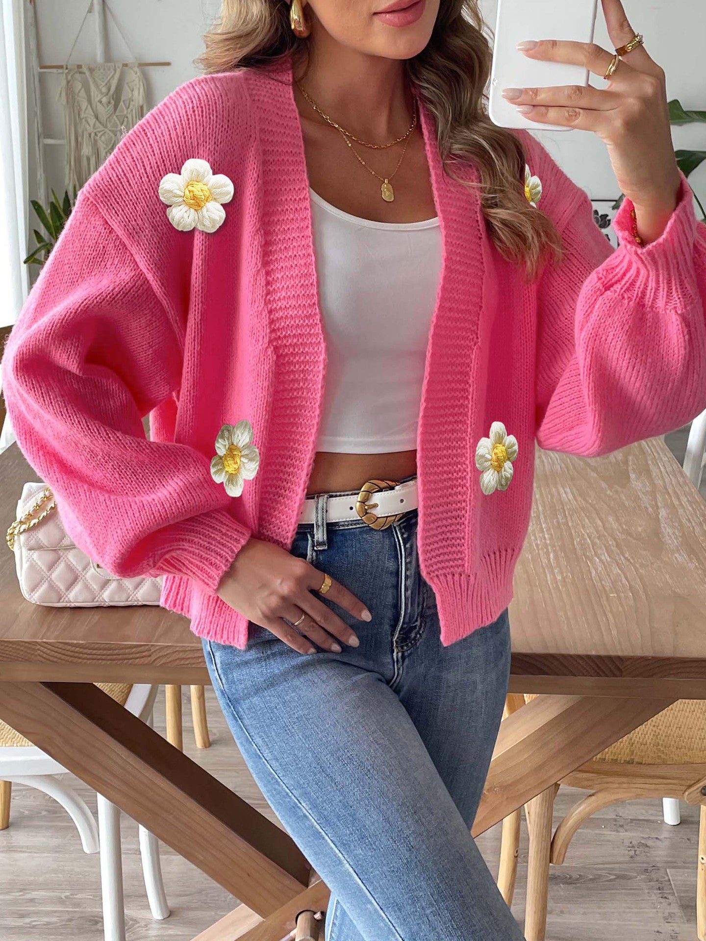 Floral Crochet Knit Cardigan Sweater with Balloon Sleeves