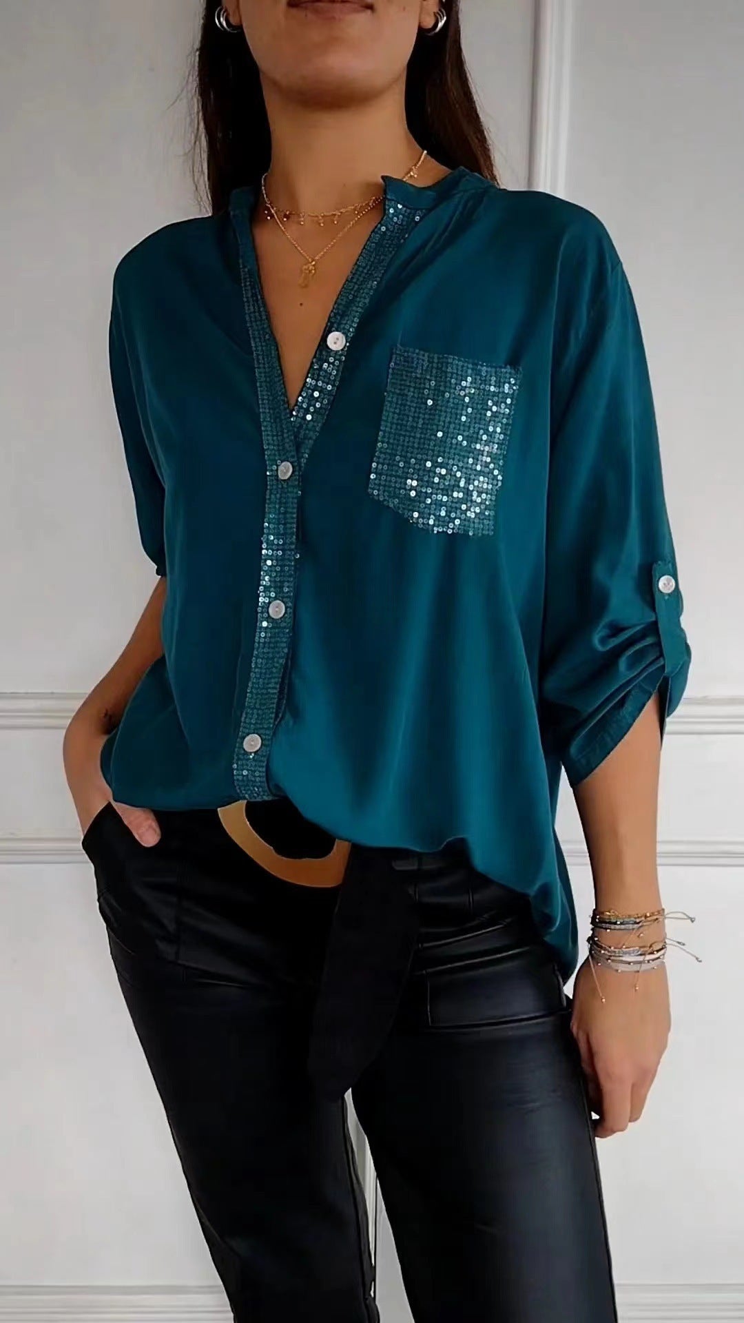 Women's Rhinestone 3/4 Sleeve Casual Button Down Blouse