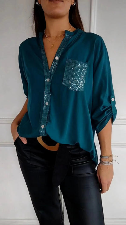 Women's Rhinestone 3/4 Sleeve Casual Button Down Blouse