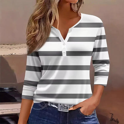 Women's Casual Striped V-Neck Button Henley Top