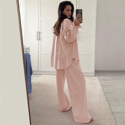 Women's Striped Oversized Shirt and Pants Lounge Set