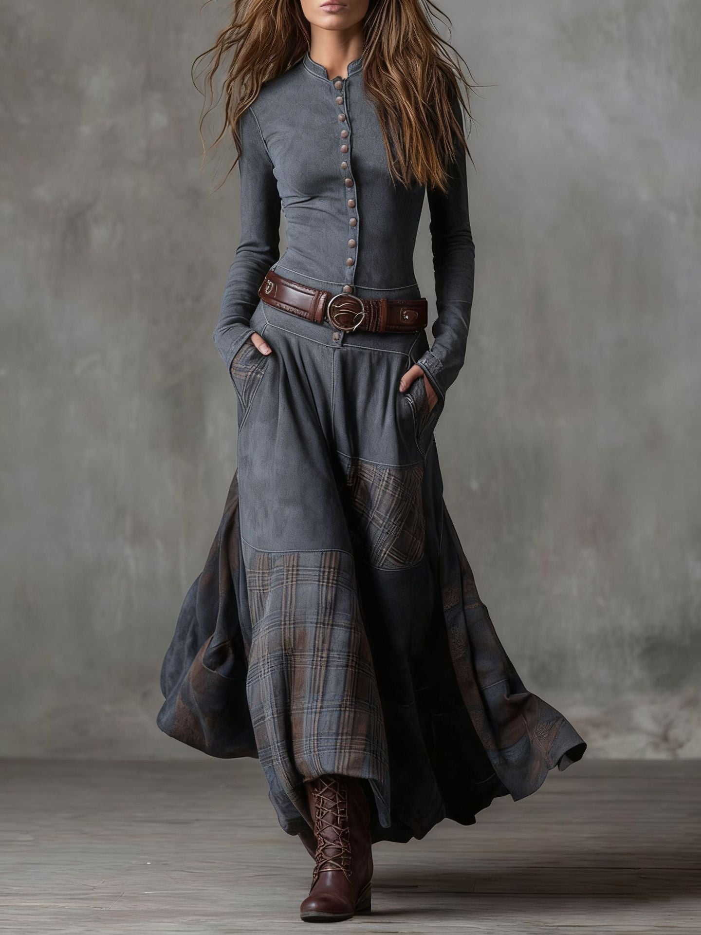 Suede Plaid Patchwork Maxi Dress Belted Pockets