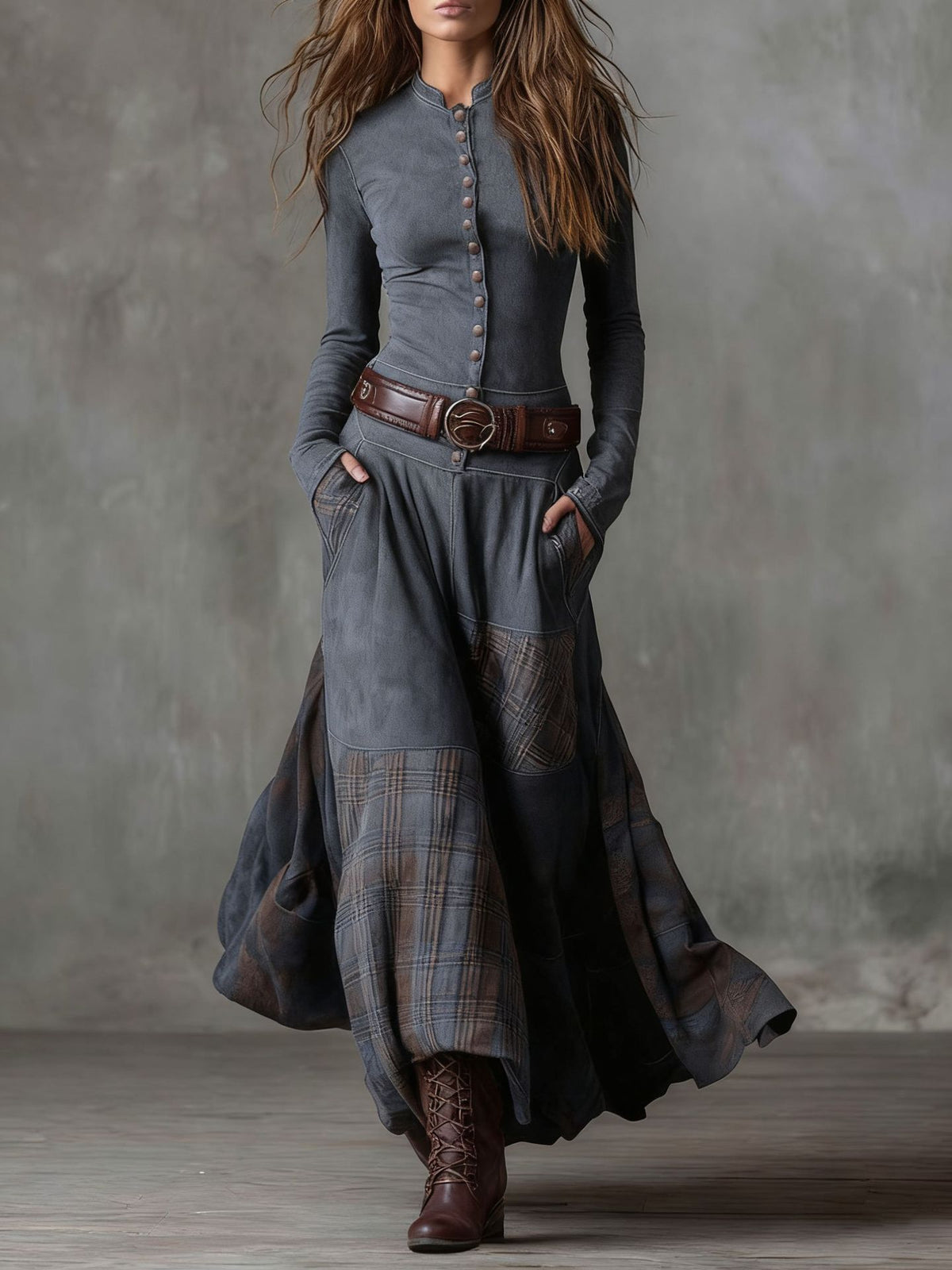 Vintage Suede Patchwork Plaid Maxi Dress Belted Pockets