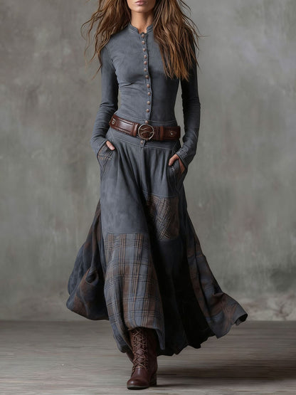 Vintage Suede Patchwork Plaid Maxi Dress Belted Pockets