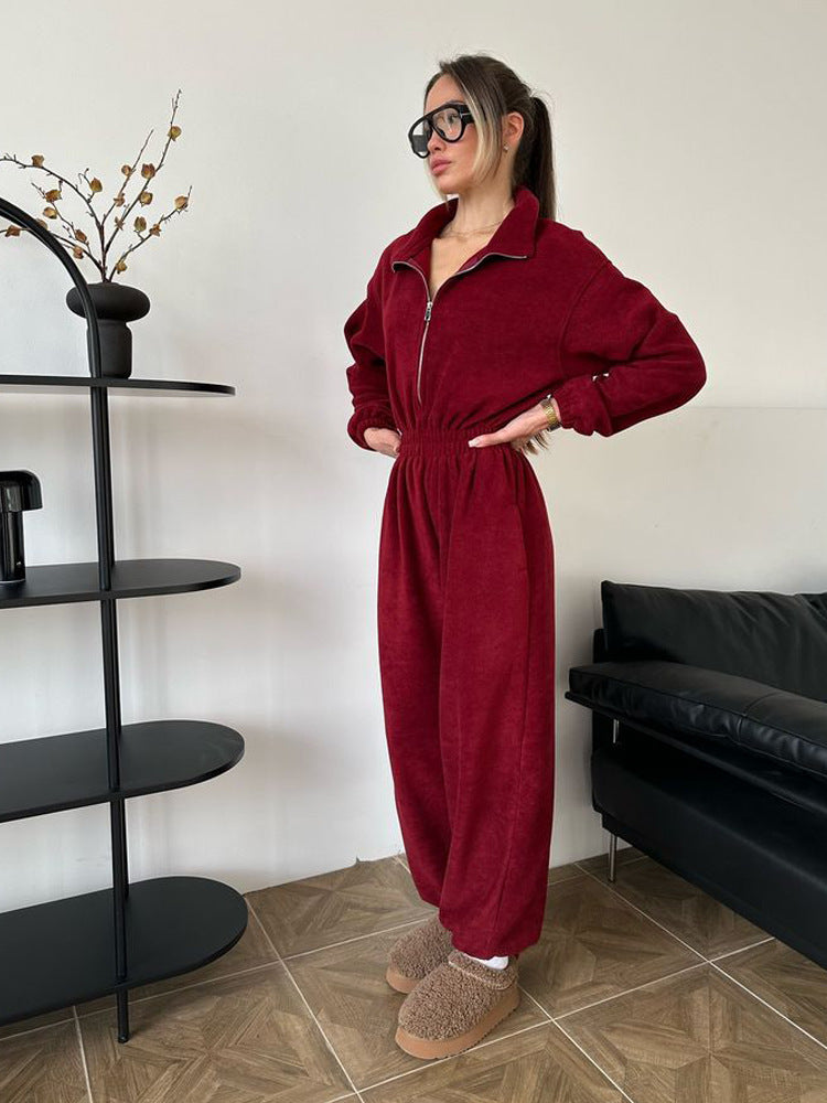 Zip Up Fleece Jumpsuit with Elastic Waist