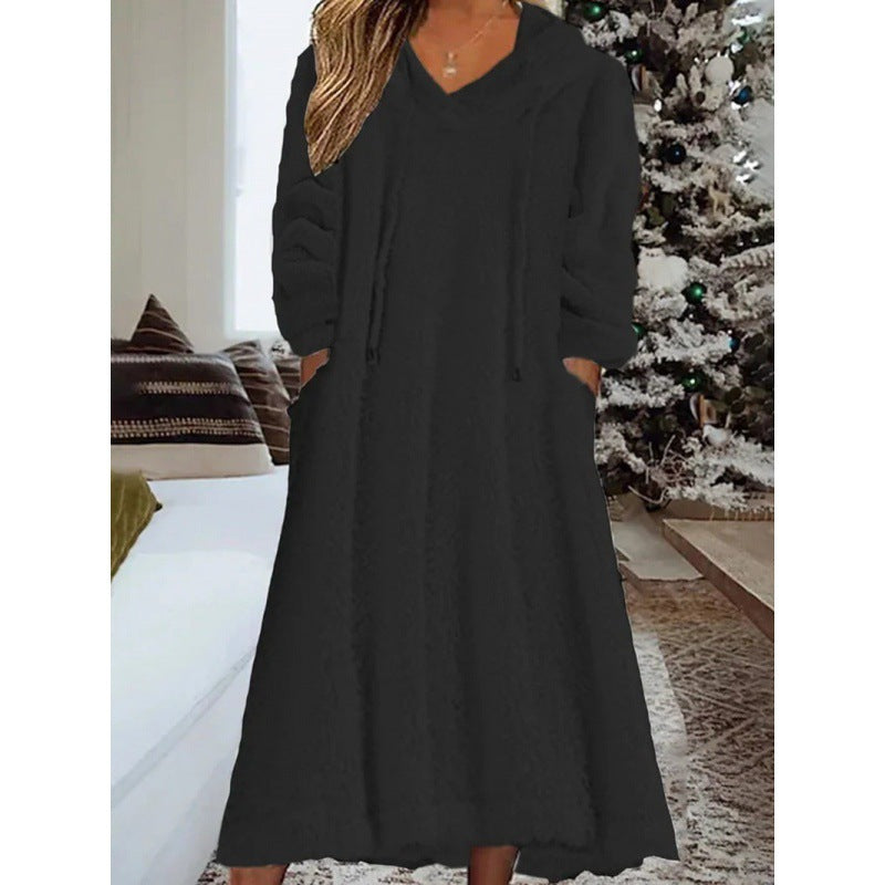 Fleece Hooded Dress with Pocket Relaxed Fit