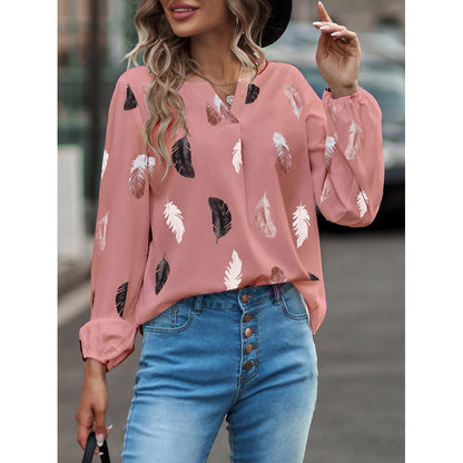 Feather Print V Neck Chiffon Blouse Long Sleeve Top