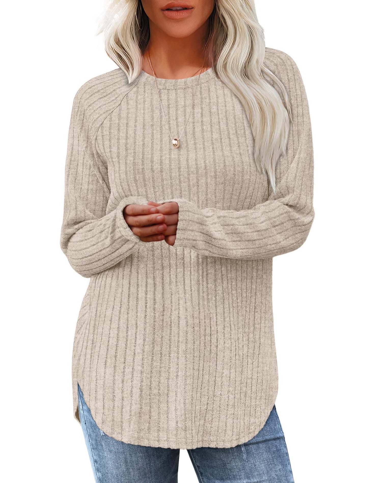 Women's Ribbed Brushed Long Sleeve Crew Neck Curved Hem Top