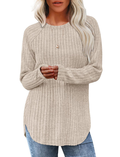 Women's Ribbed Brushed Long Sleeve Crew Neck Curved Hem Top