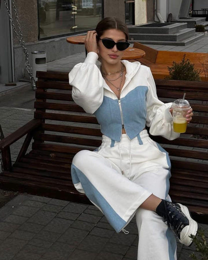 Women's 2 Piece Color Block Denim Hoodie Jogger Set
