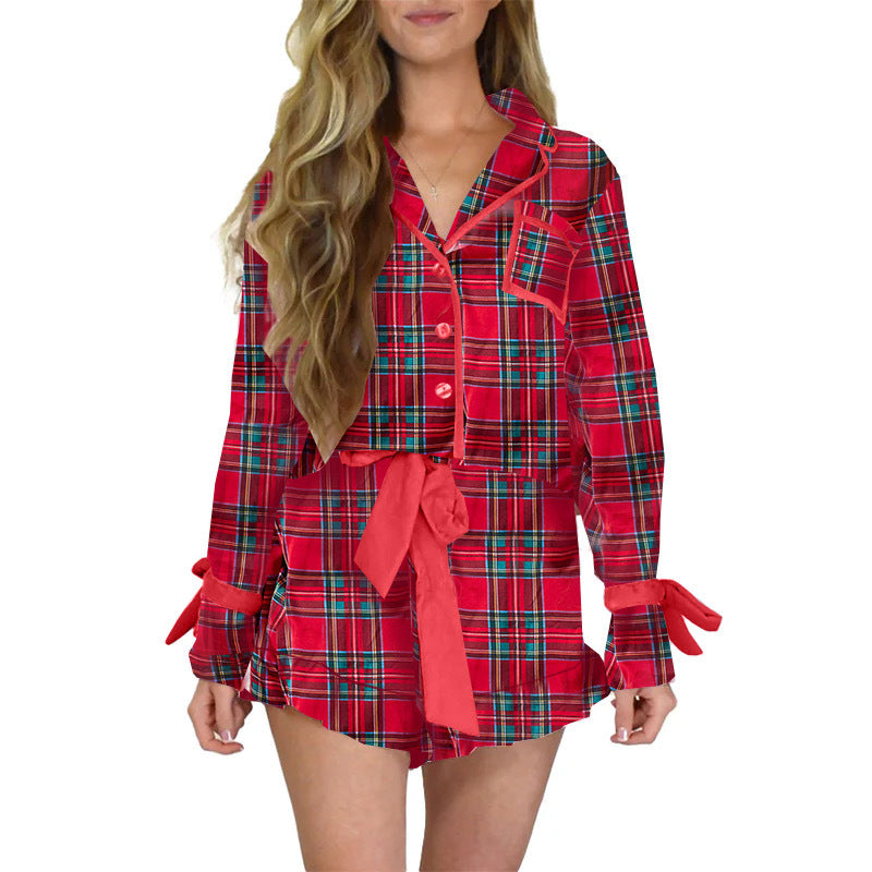 Women's Printed Satin Pajama Shorts Set Long Sleeve