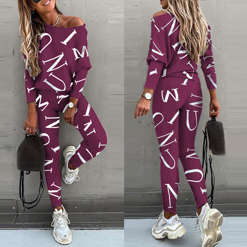 Women Off Shoulder Letter Print Lounge Set Two Piece