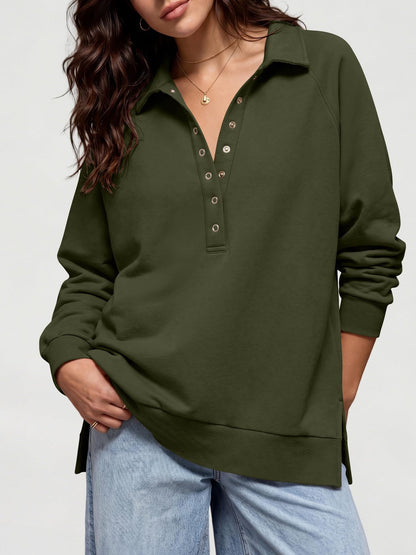 Women's Oversized Collared Button Pullover Sweatshirt