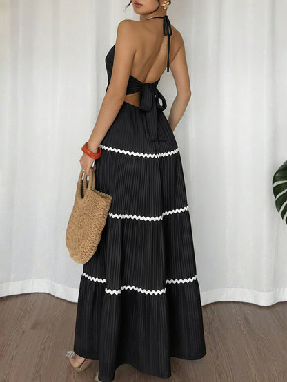 Color Block Halter Maxi Dress Tiered Resort Vacation Style