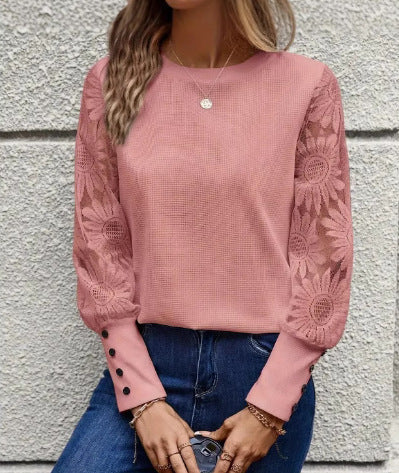 Waffle Knit Floral Lace Sleeve Crew Neck Casual Top