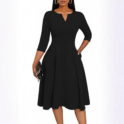 Women's 3/4 Sleeve V-Neck A-Line Midi Dress Wedding Guest
