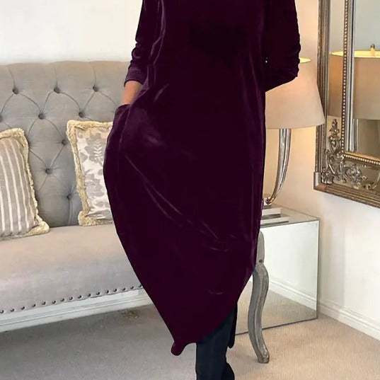 Women's Scarf Neck Velvet Maxi Dress Long Sleeve Pockets