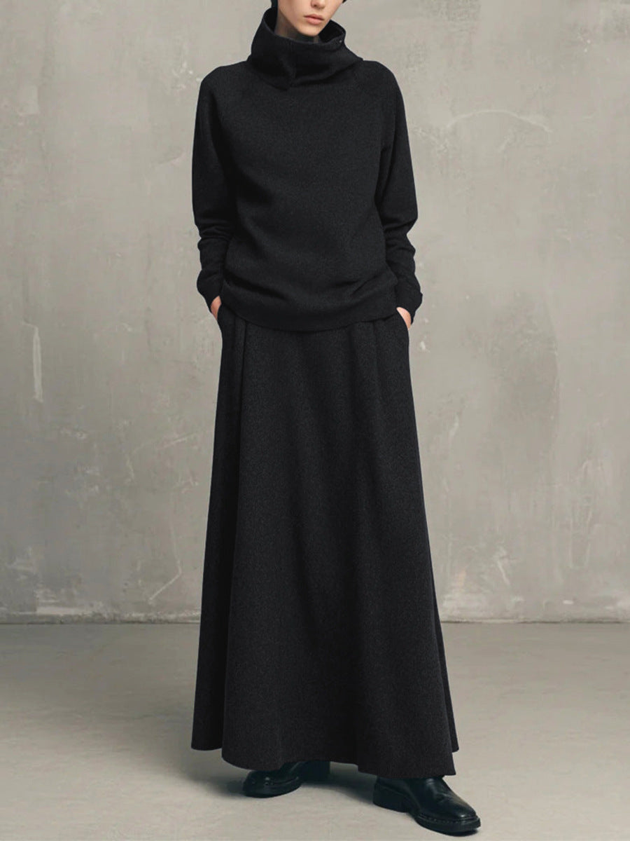 Womens Fleece Turtleneck Sweatshirt Maxi Skirt Set