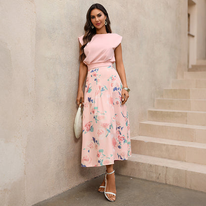 Pink Floral Two Piece Set Padded Shoulder Top Midi Skirt