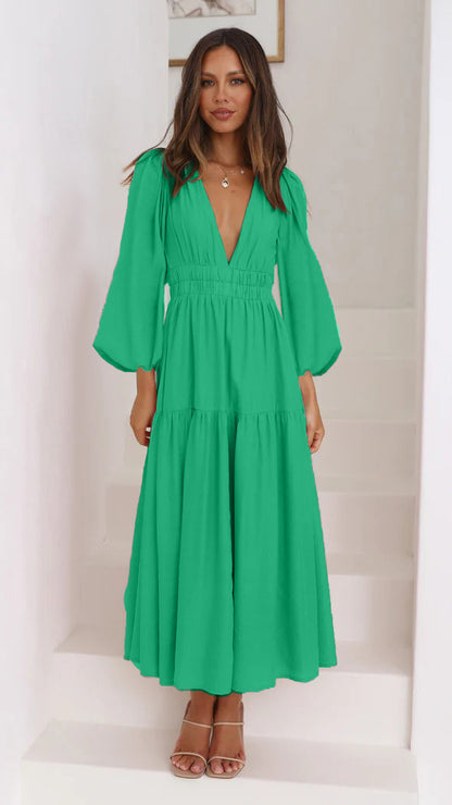 Women's V Neck Long Sleeve Smocked Waist Flowy Maxi Dress