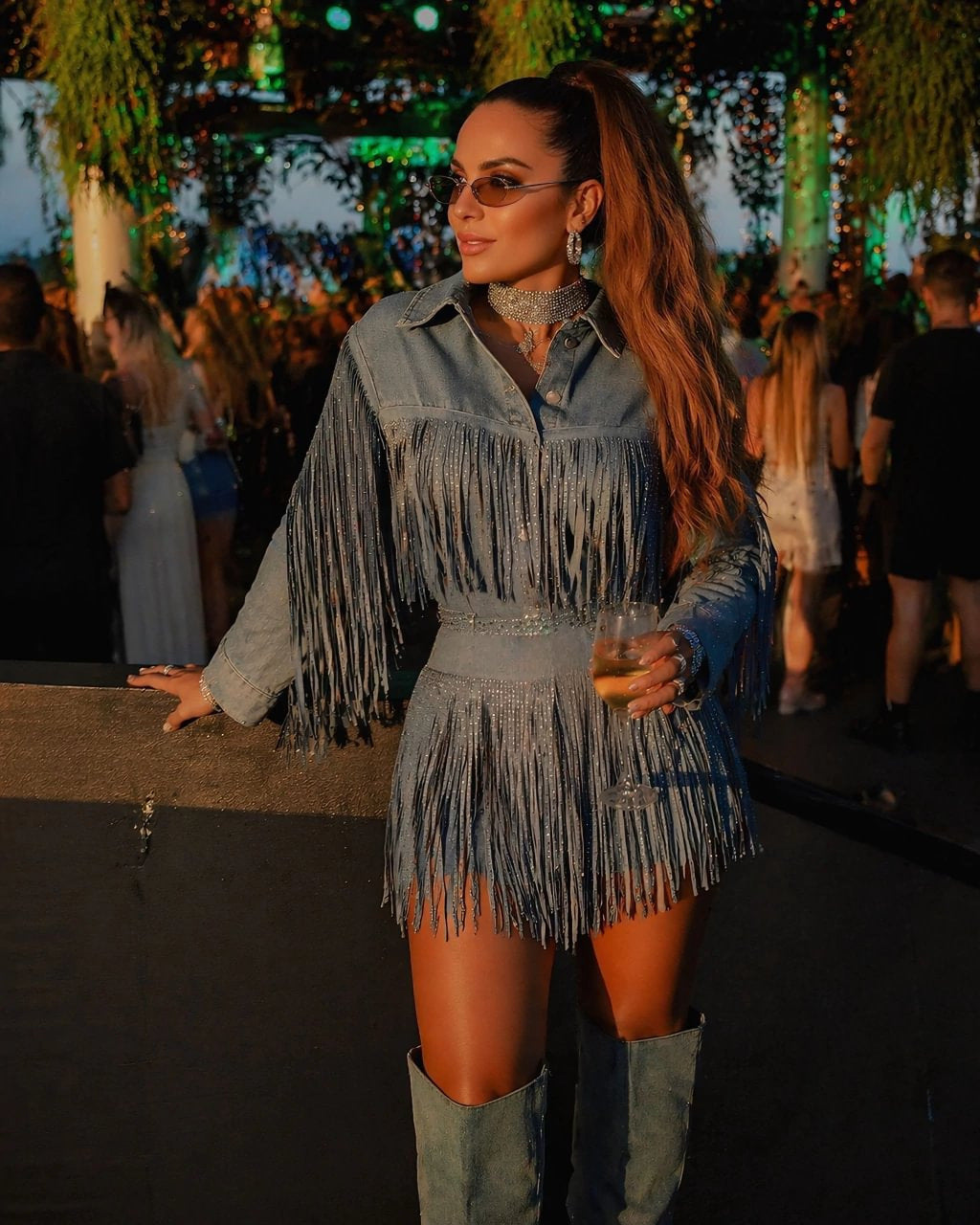 Rhinestone Fringe Denim Skirt Set Western Vintage Wash