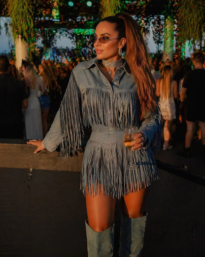 Rhinestone Fringe Denim Skirt Set Western Vintage Wash