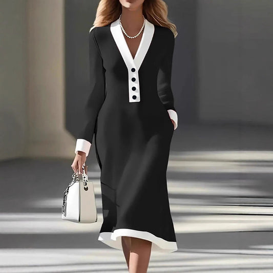 Color Block V-Neck Long Sleeve Midi Work Dress