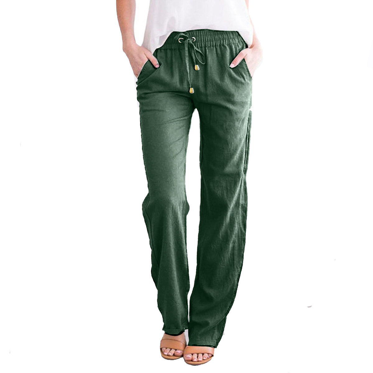 Women's Cotton Linen Drawstring Wide Leg Pants