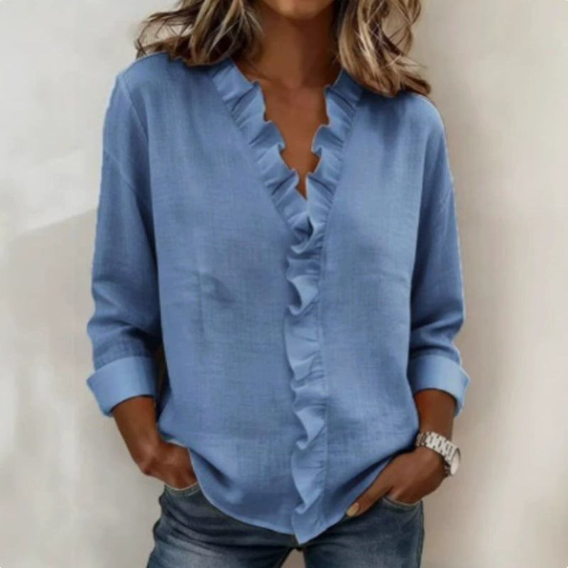 Ruffle Trim Cotton Linen Blouse Long Sleeve