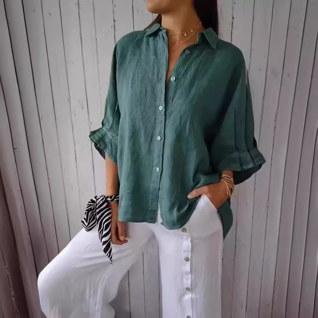 Cotton Linen Tie Back Button Down Shirt Long Sleeve