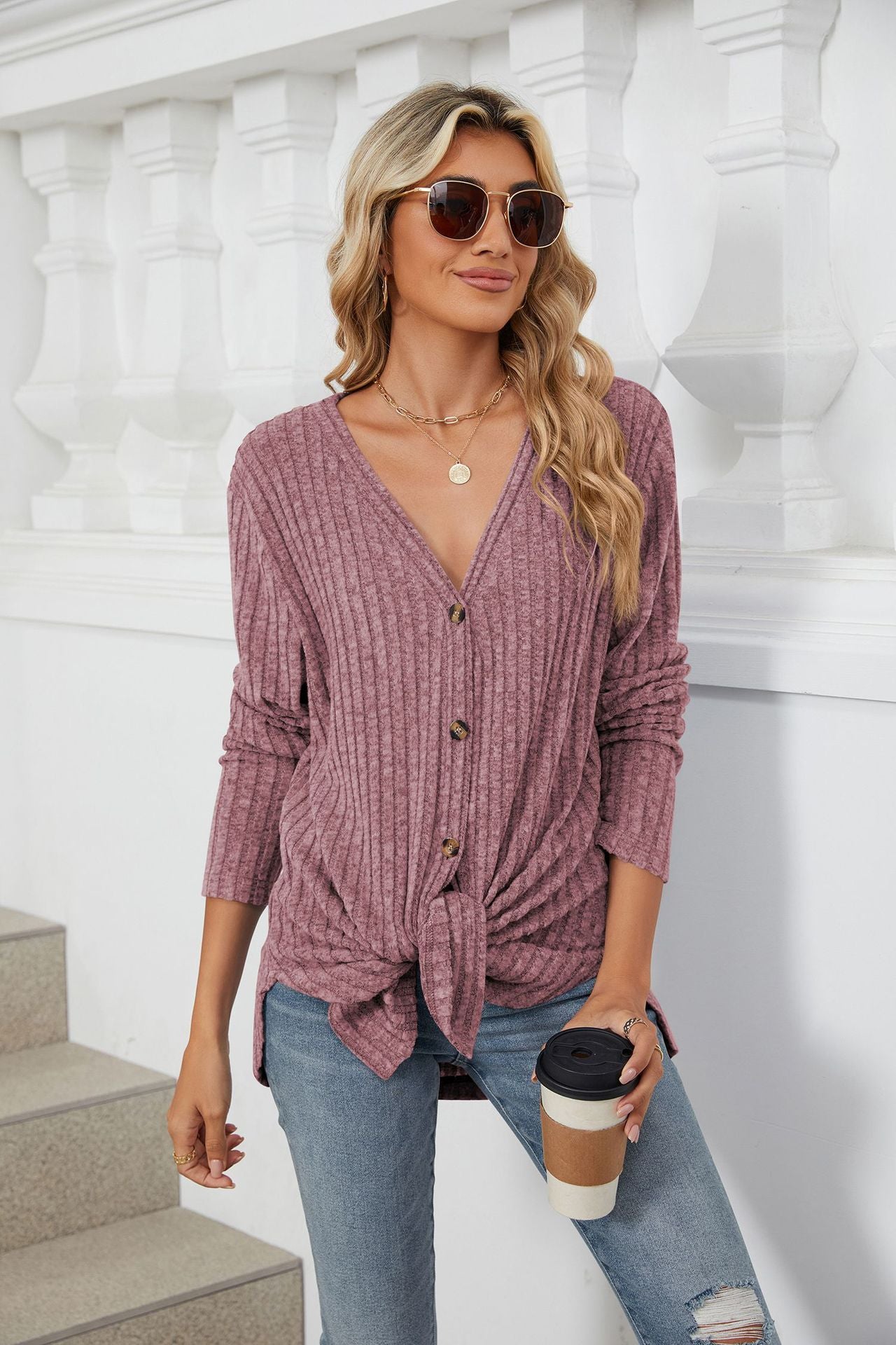 Womens V Neck Tie Front Button Up Long Sleeve Knit Cardigan