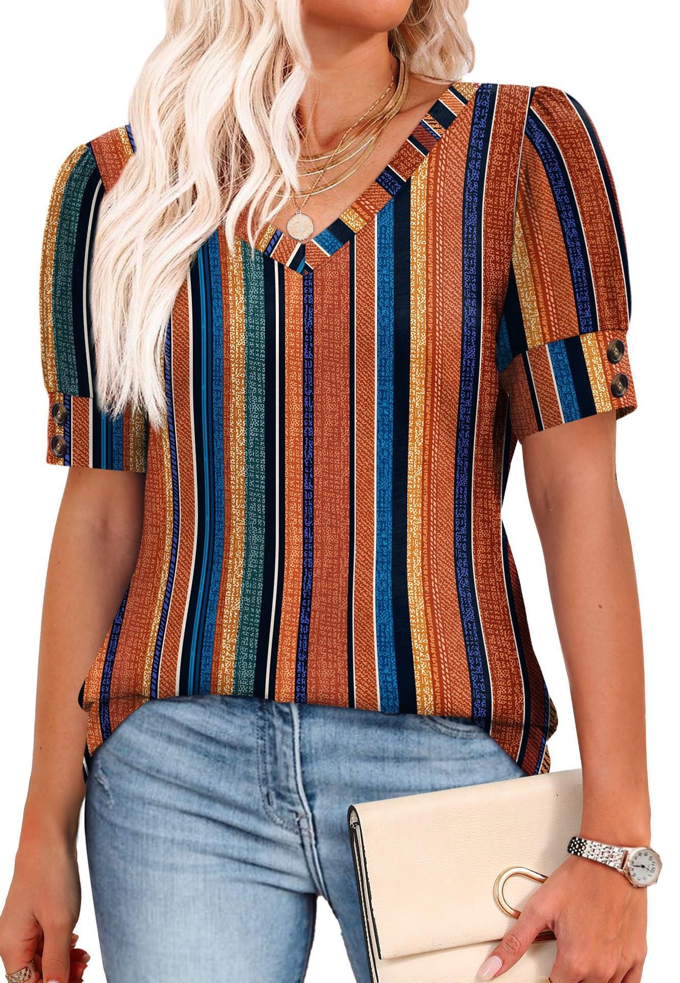 Solid Color V Neck Button Sleeve Puff Top Casual Tee