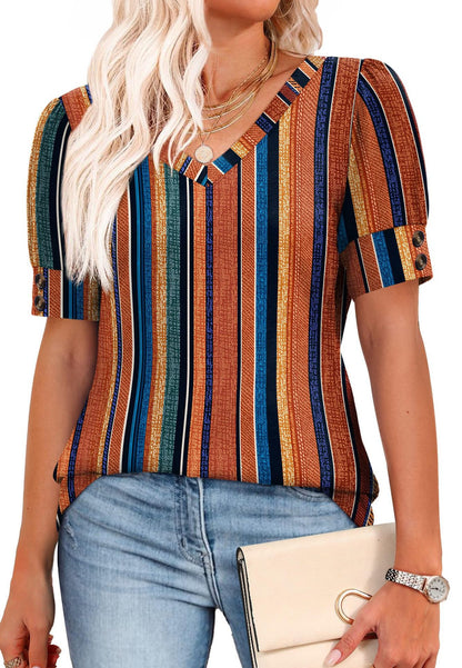 Solid Color V Neck Button Sleeve Puff Top Casual Tee