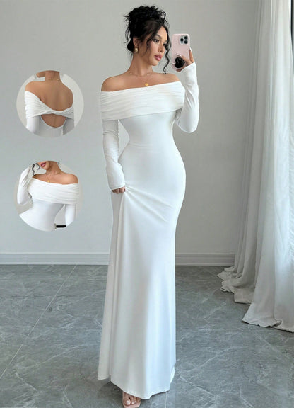 Off Shoulder Cutout Back Ruched Bodycon Maxi Dress