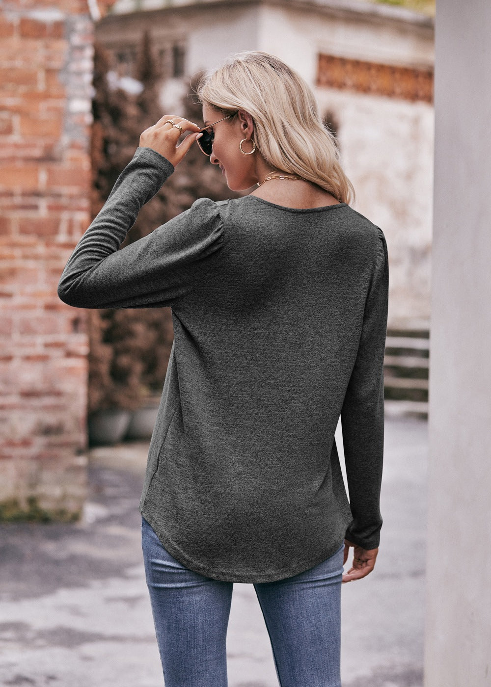 Square Neck Pleated Long Sleeve Top for Women