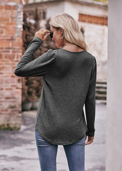Square Neck Pleated Long Sleeve Top for Women