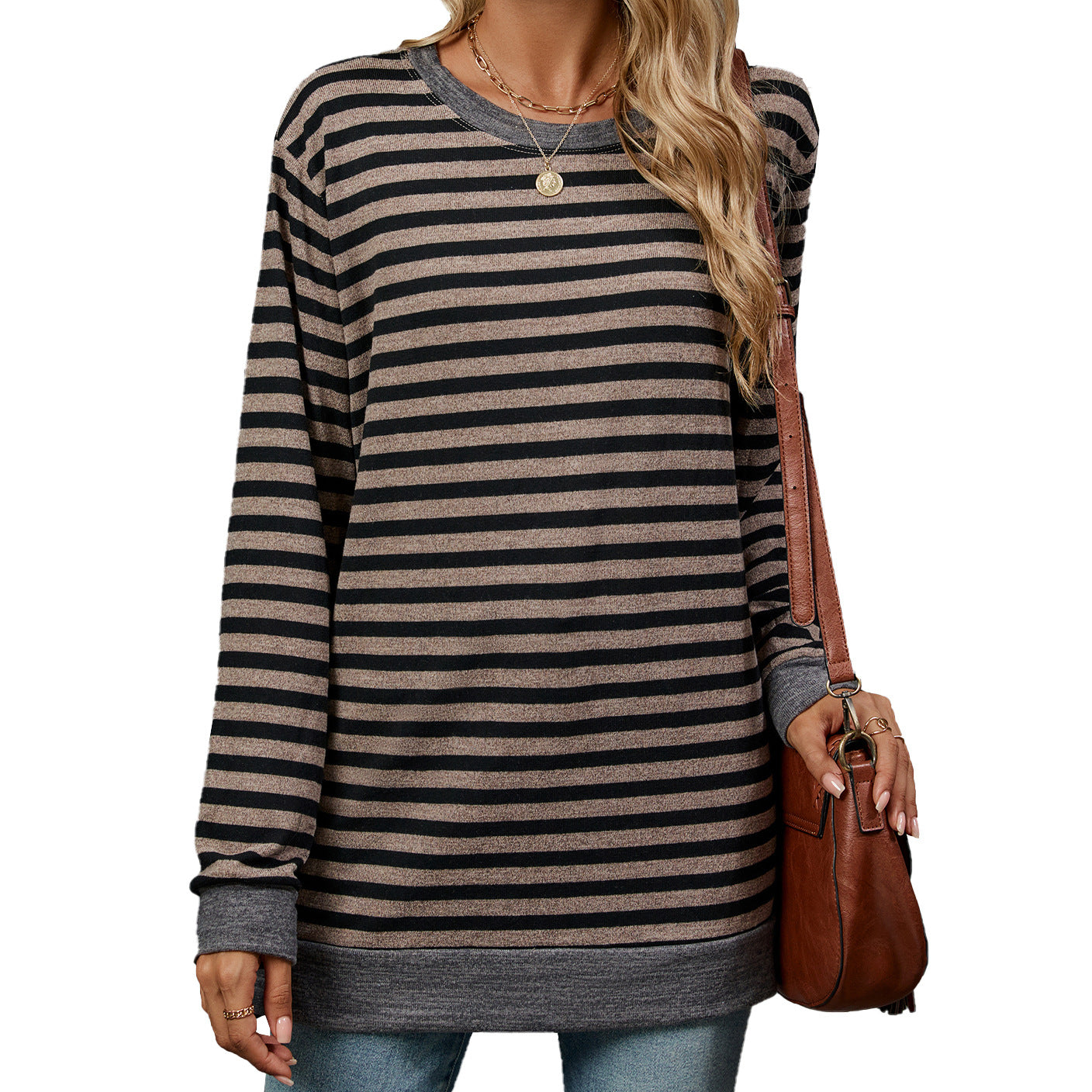 Women's Striped Color Block Oversized Long Sleeve Tunic Top
