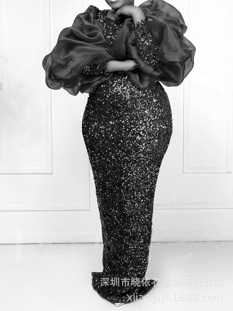 Plus Size Sequin Puff Sleeve Mermaid Evening Dress