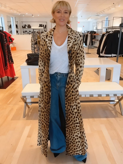 Women's Leopard Print Long Trench Coat Blazer