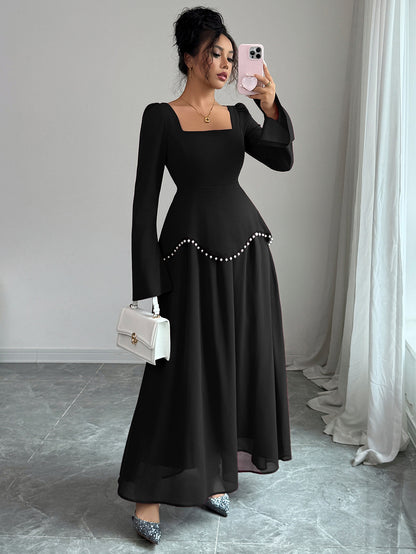 Square Neck Long Sleeve Pearl Beaded Mesh Maxi Dress