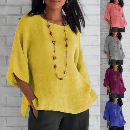 Women Cotton Linen 3/4 Sleeve Round Neck Plus Size Blouse